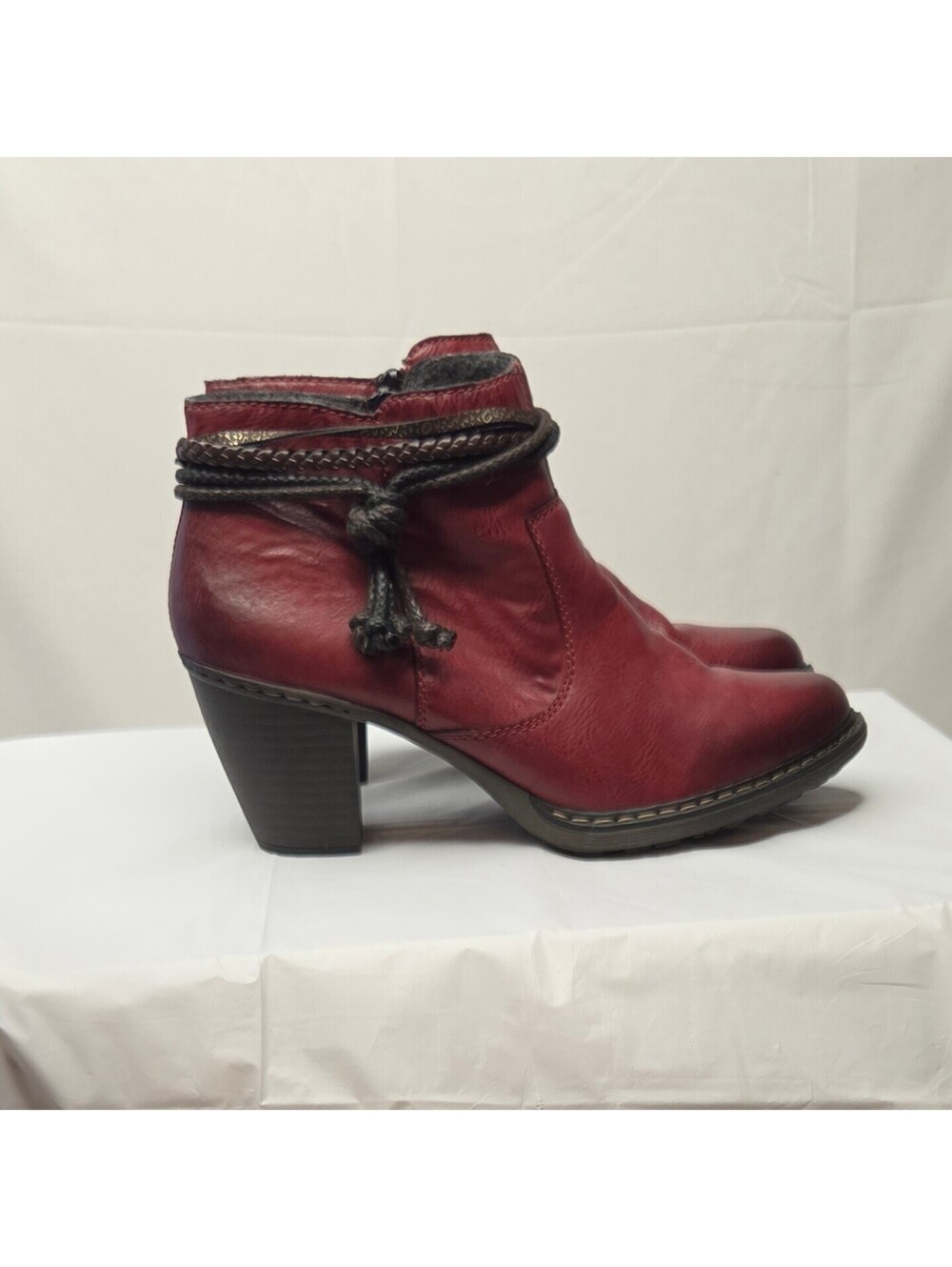 Rieker Lisa 55298-35 Burgundy Red Ankle Boots Boho Braided Wrap Size 42 NWOB